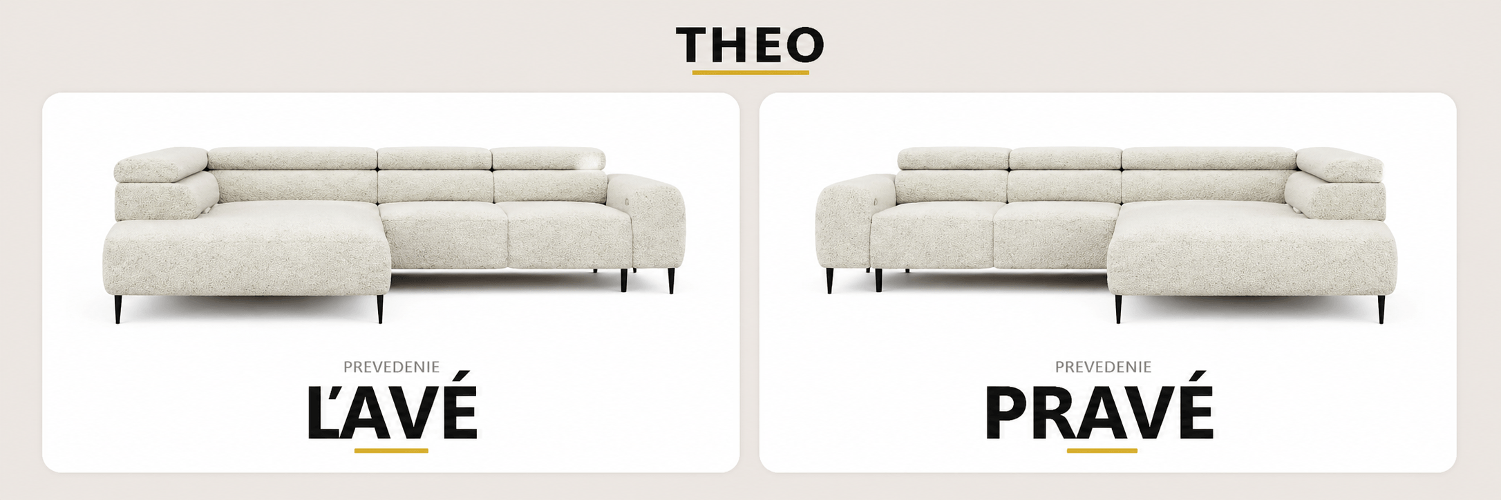 Rohová sedacia súprava THEO – porovnanie ľavého a pravého rohového prevedenia v rovnakom dizajne.